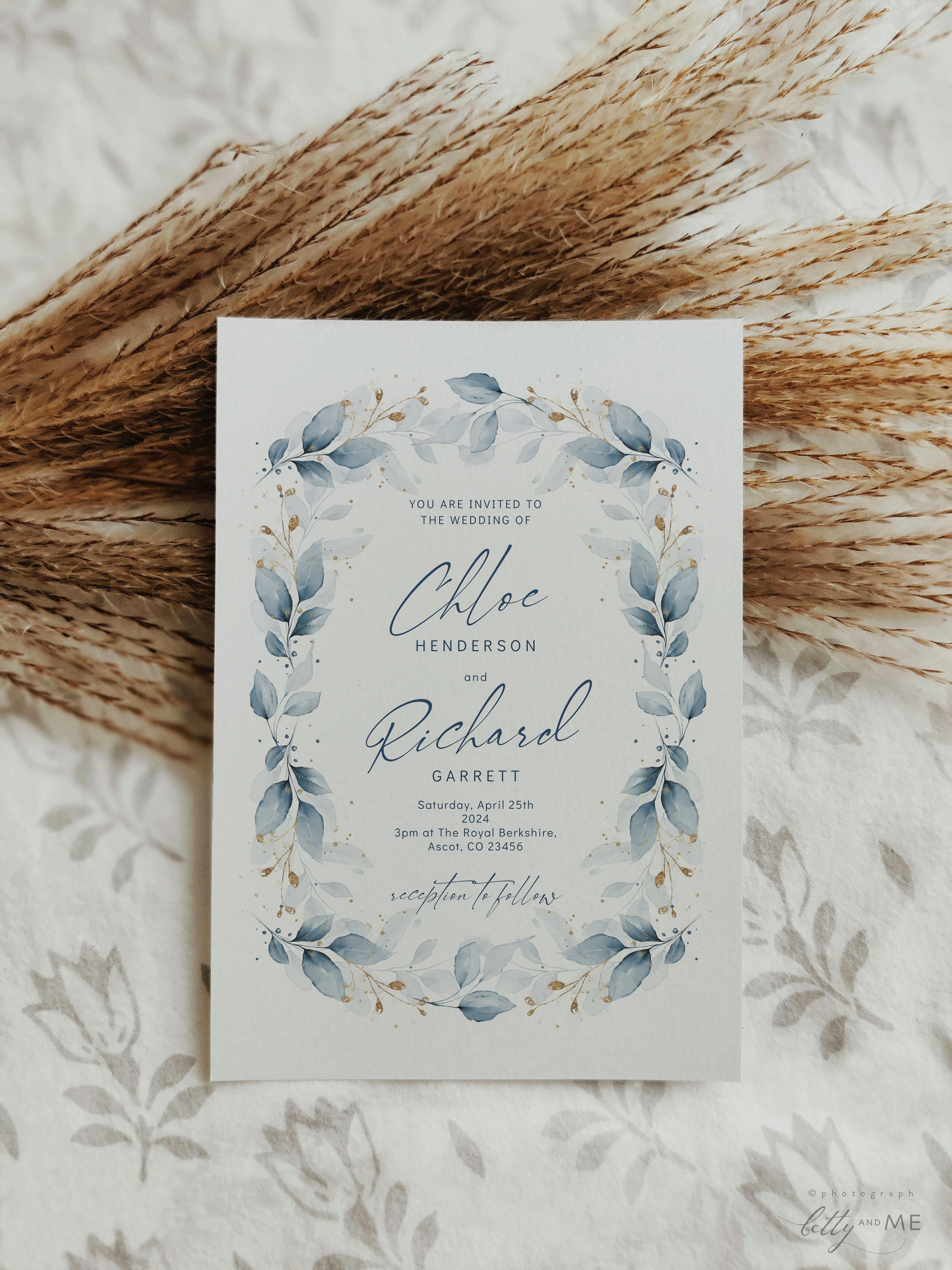 Dusty Blue Wedding Invitations, Front & Back, Printable Dusty Blue