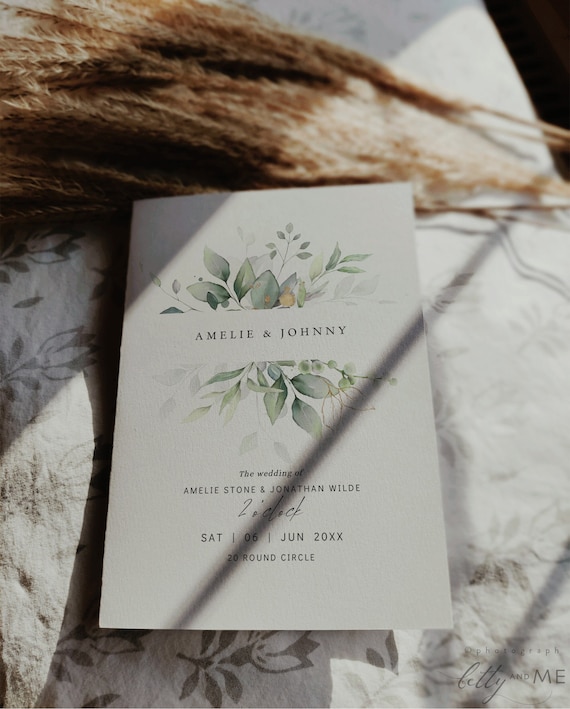 Leaf & Gold - Folded Wedding Program Booklets, Printable Greenery Wedding Order of Service Booklets, Canva Templates | 80G