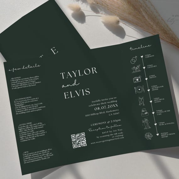 Dark Green Wedding Invitations, Printable Gatefold Invitations, Hunter Green Invitation, Forest Green Wedding Theme, Canva Templates | 111DG