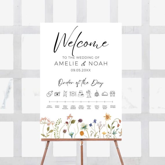 Wildflower Wedding Timeline Sign, Floral Order of Day Canva Template, 94FB