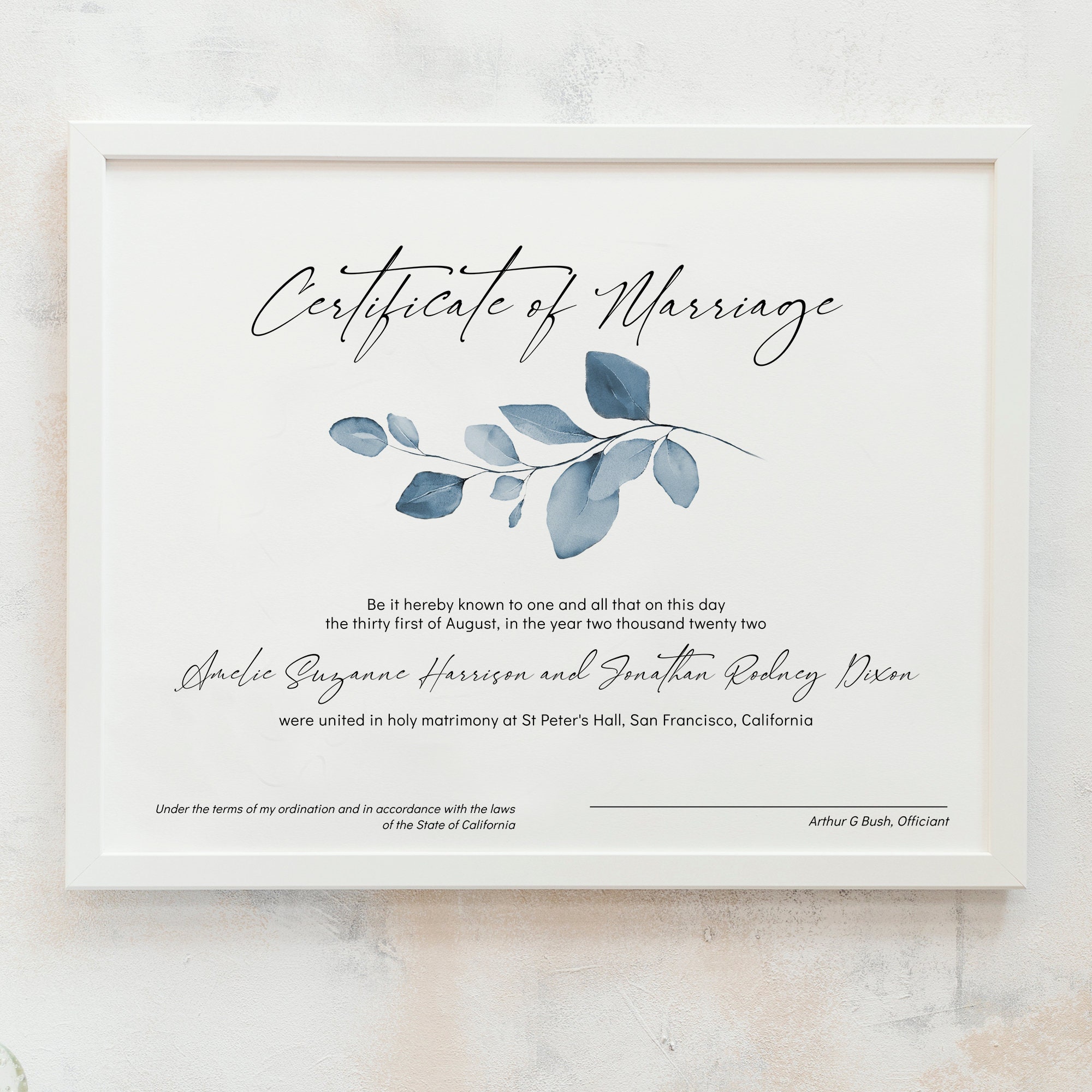 Blue Marriage Certificate, Printable Certificate of Marriage Template