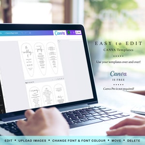 May include: A laptop screen displaying a wedding menu template designed in Canva. The template features elegant black text on a white background. The screen also shows editing options and the Canva logo.
