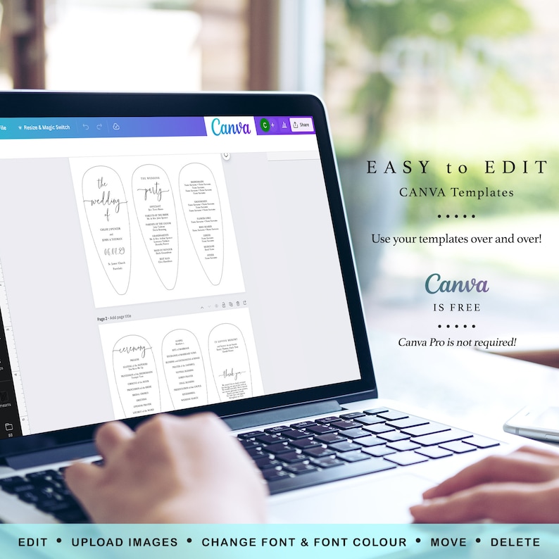 May include: A laptop screen displaying a wedding menu template designed in Canva. The template features elegant black text on a white background. The screen also shows editing options and the Canva logo.