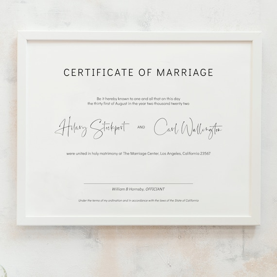 Modern - Minimalist Certificate of Marriage, Wedding Certificate Template, Printable Certificate, 3 sizes, Corjl, FREE Demo