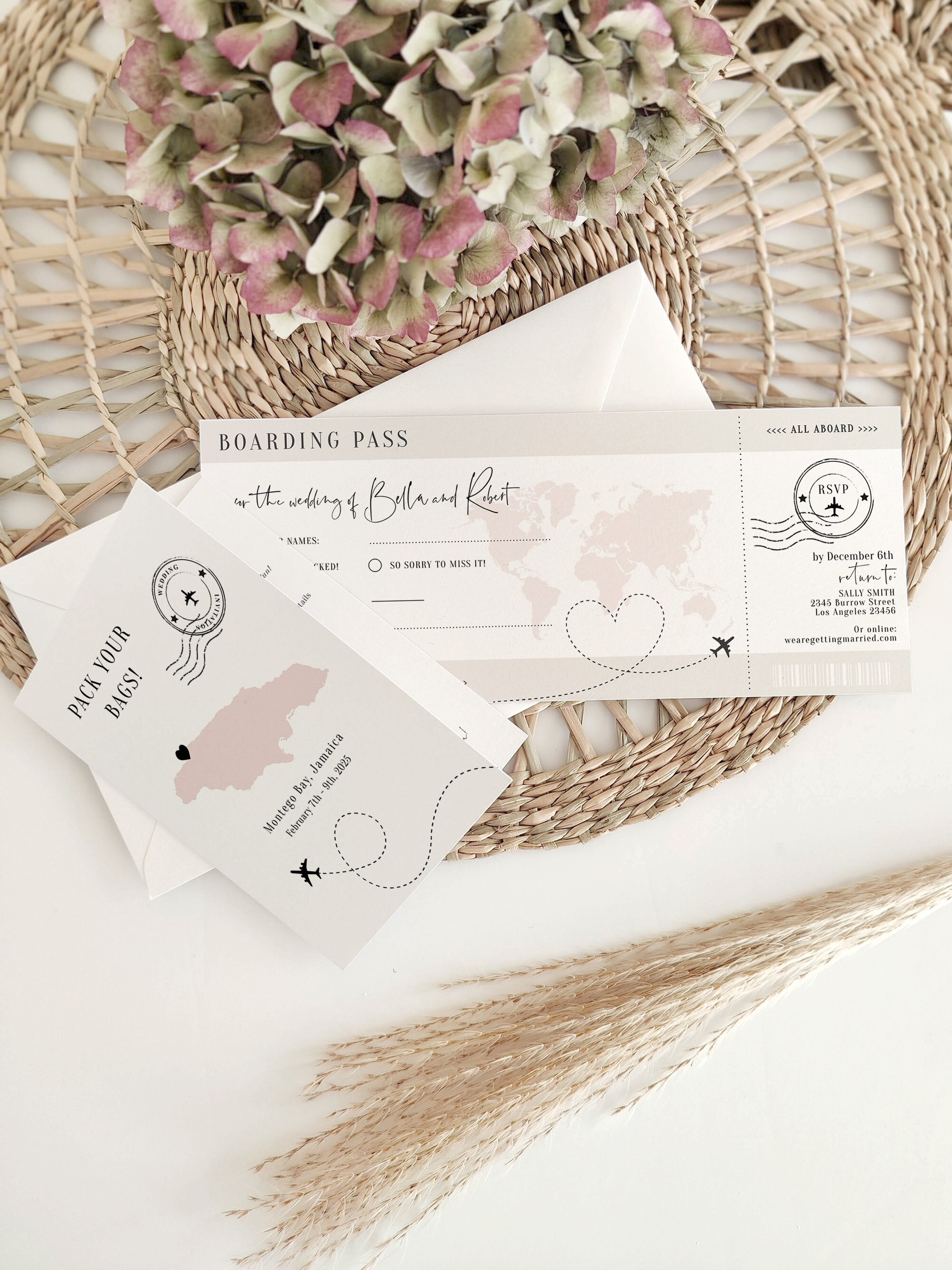 Destination Jamaica Wedding Invitation Set, Wedding Invitation with Boarding Pass, Jamaica