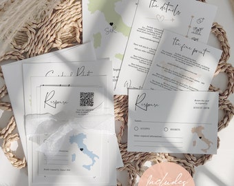 Italy Wedding Invitation Set, Destination Wedding Invitations for your wedding anywhere in Italy, Canva Templates | Destination Italy