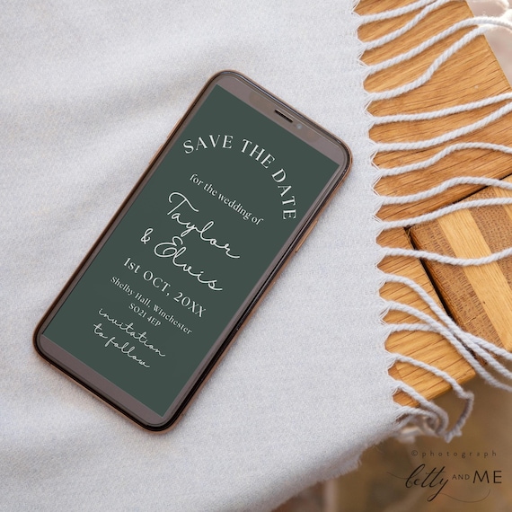 Dark Green Phone Save the Dates, Dark Green Wedding, Electronic Green Save the Dates, Canva Templates | 111DG