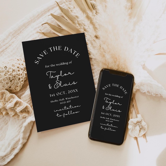 Black and White Wedding Save the Dates, Printable and Electronic Black Save the Dates, Canva Templates | 111B