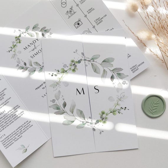 Gatefold Wedding Invitations with a Green and Silver Leaf Wreath, Printable Templates for Gatefold Invitations, Canva Templates | 87