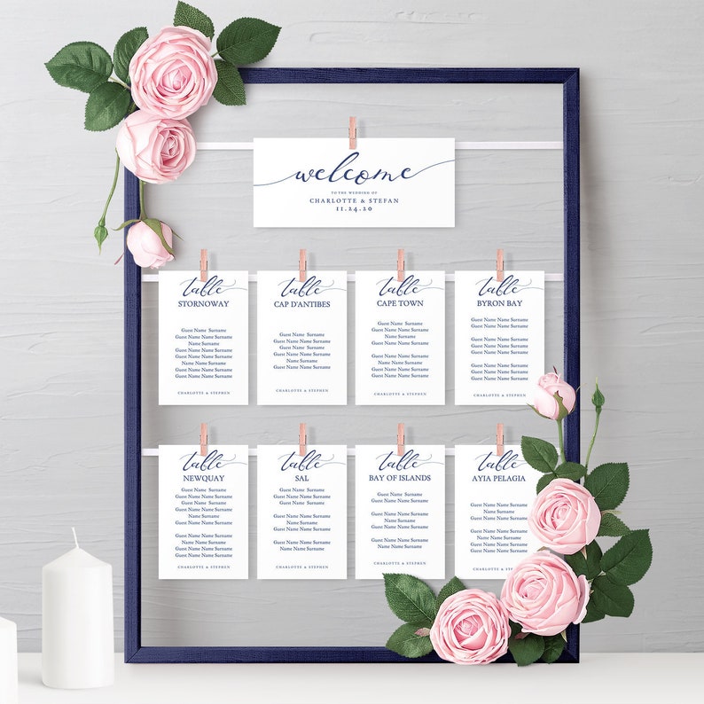 Corjl Templates Make your own Navy Blue Seating Plan Cards FREE demo Sweetheart Table Seating Card Templates LucyNavy