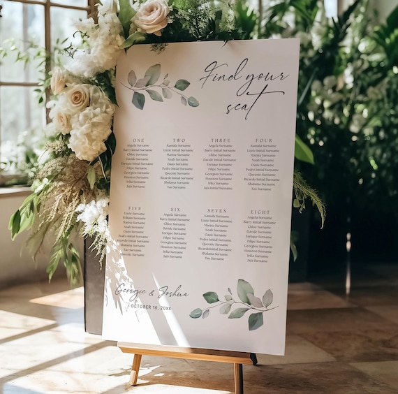 Eucalyptus Wedding Table Seating Plan, Canva Templates for Table Plans | 80G
