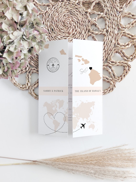 Destination - Hawaii Wedding Invitations, Folded Gatefold Invitation Templates, Destination Wedding Invitations, Canva Templates