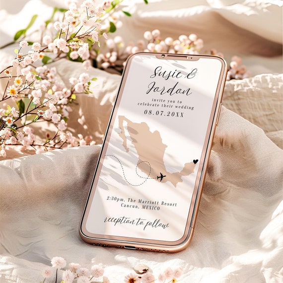 Mexico Wedding, Electronic Wedding Invitations, Phone Invitations Anywhere in Mexico, Destination Mexico, Smartphone, Canva Templates