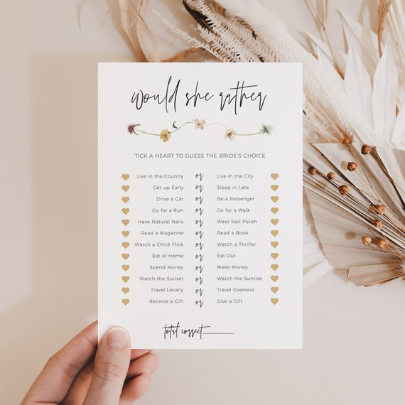 Would She Rather Bridal Shower Game, Flower Bridal Shower, Ideas for Bridal Showers, Guess the Brides Answers, Canva Template | 94