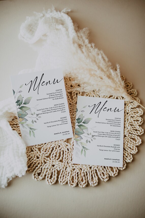 Greenery Wedding Menu Cards, Menu Template Download, Wedding Menu Template, Printable Wedding Menus, Corjl Template, FREE Demo | 80G