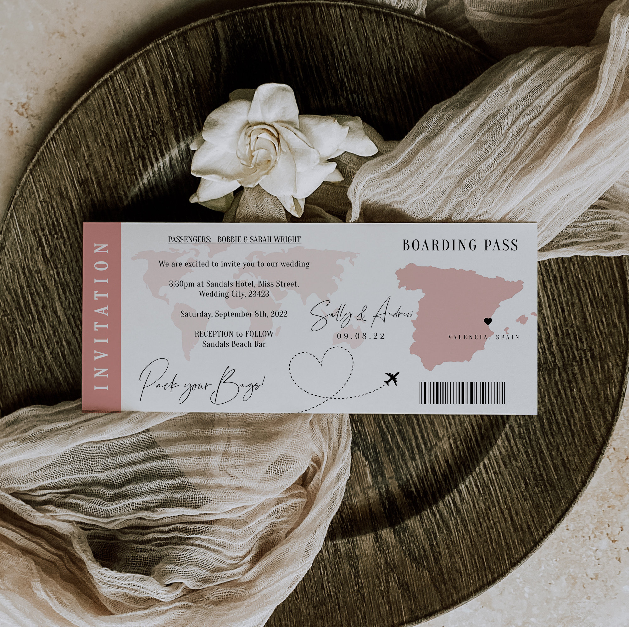 Destination Spain Boarding Pass Wedding Invitation, Anywhere in Spain