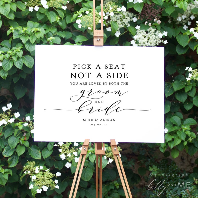 or EITHER side Wedding Printable Signs 5 sizes Corjl Templates FREE Demo Pick a Seat Not a Side You are Loved by Both the Groom and Bride