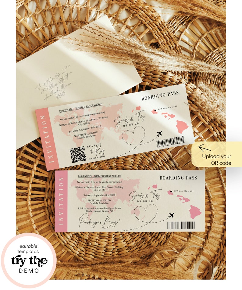 Destination Hawaii Boarding Pass Invitation Ticket Template, Any Colors, Printable Boarding Pass Invitation, Corjl Templates, FREE Demo image 3