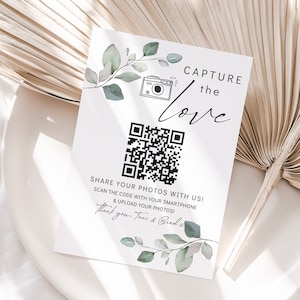 Greenery Capture the Love QR-code, Bord gedeeld fotoalbum, Borden trouwfoto, Share the Love, QR-codeborden bruiloft, canvassjabloon | 80G