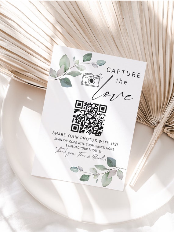 Greenery Capture the Love QR Code, Shared Photo Album Sign, Wedding Photo Signs, Share the Love, Wedding QR Code Signs, Canva Template | 80G