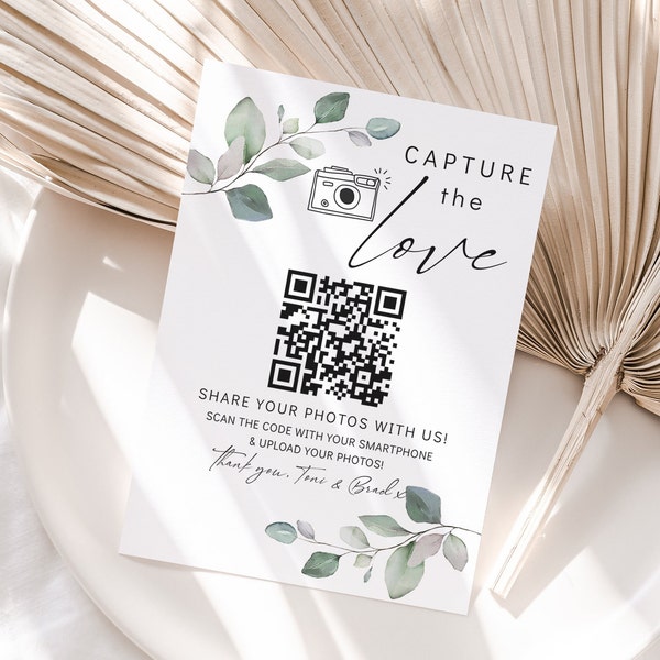 Greenery Capture the Love QR Code, Shared Photo Album Sign, Wedding Photo Signs, Share the Love, Wedding QR Code Signs, Canva Template | 80G