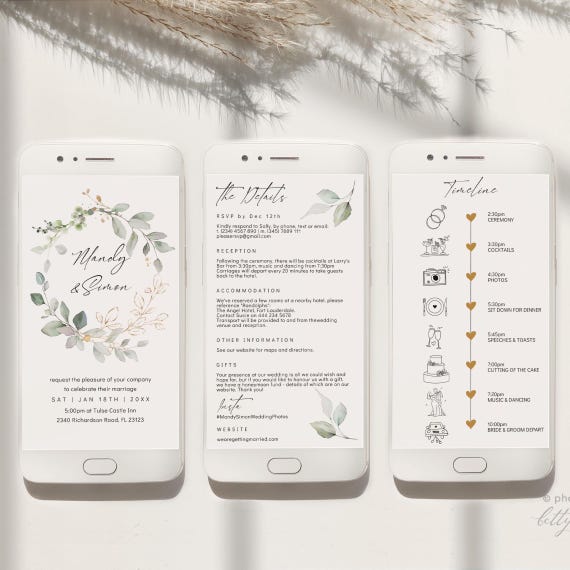 Greenery Electronic Wedding Invitation Set, Canva Templates, Evite, Electronic Wedding, Smartphone Invites, Canva Templates | 80G