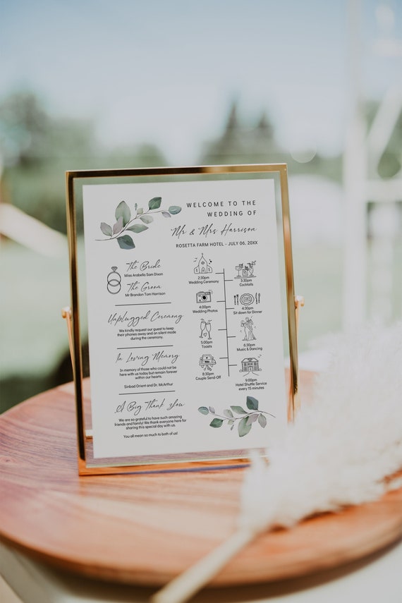 Infographic Wedding Program Template, Greenery Wedding Timeline Infographic, Infographic Program, Program Timeline, Canva Template | 80G