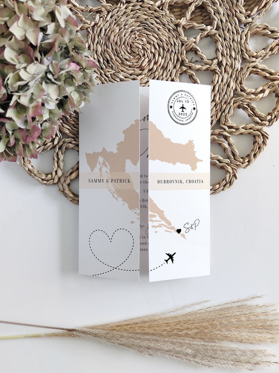 Destination - Croatia Wedding Invitations, Folded Gatefold Invitation Templates, Destination Wedding Invitations, Corjl Templates, FREE Demo