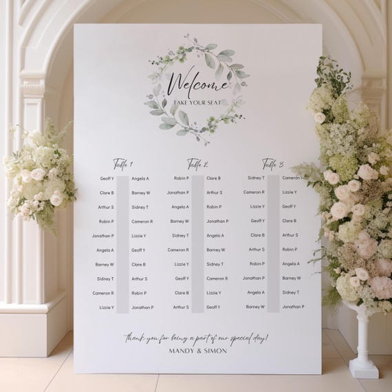 3 Banquet Table Seating Plan Template with a greenery wreath design, Canva Templates - Style 87