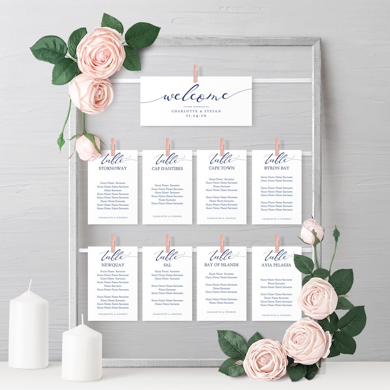 Corjl Templates Make your own Navy Blue Seating Plan Cards FREE demo Sweetheart Table Seating Card Templates LucyNavy