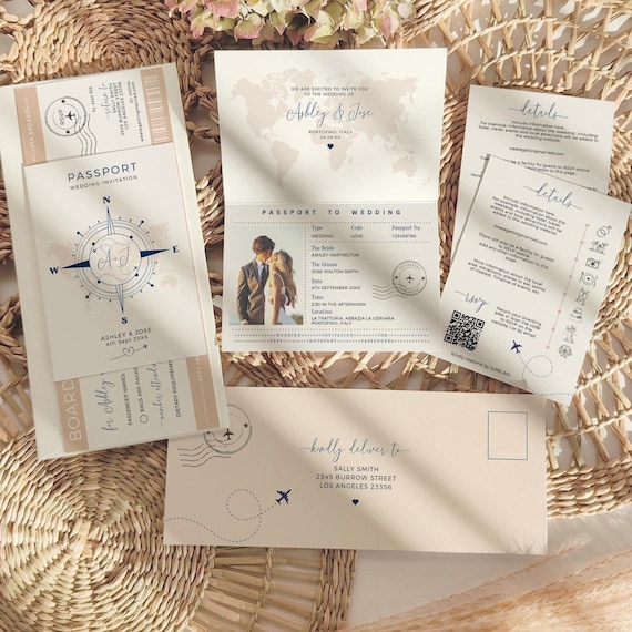 Boarding Pass Wedding Invitation Set, Destination Wedding, Passport Invitation Suite, Printable Templates, Canva Templates | 83
