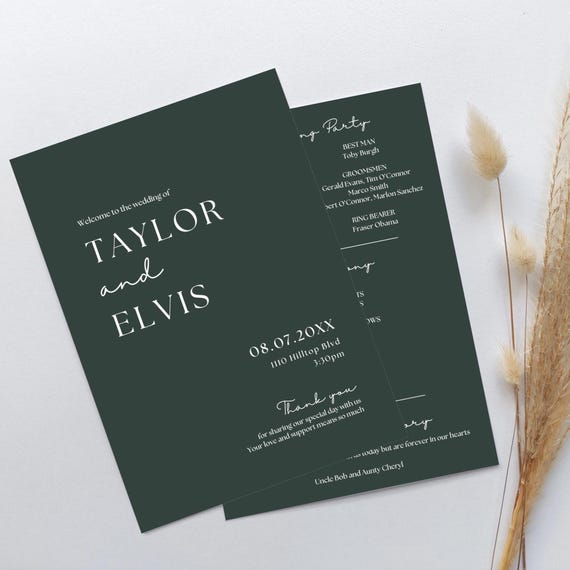 Dark Green Wedding Program Template, Hunter Green or Forest Green Wedding Theme, Canva Templates | 111DG