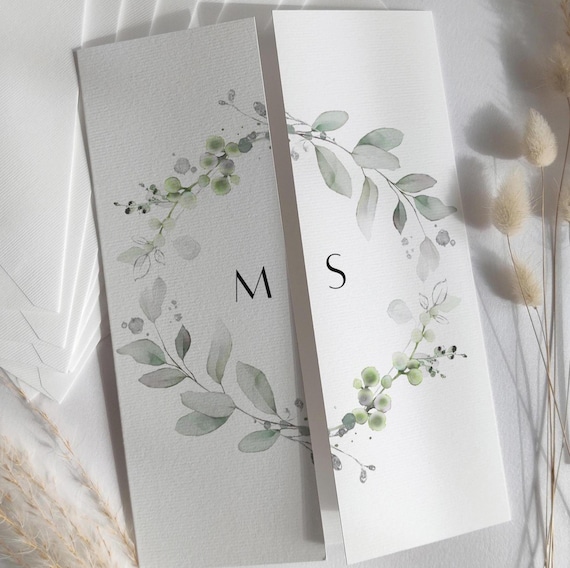 Gatefold Wedding Invitations, Green and Silver Wreath Design, Printable Templates for Gatefold Invitations, Canva Templates | 87