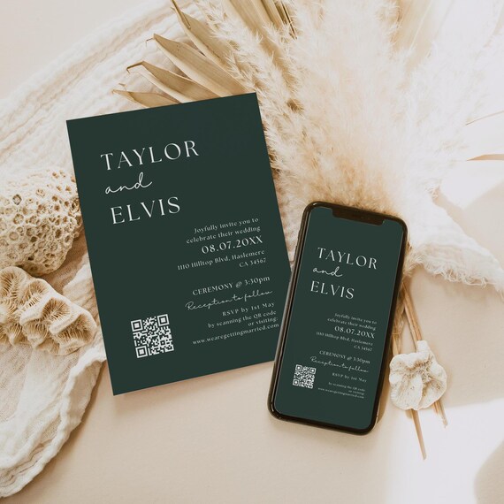 Dark Green Wedding Invitations, Printable and Electronic Green Invitations, Hunter Green, Forest Green Wedding, Canva Templates | 111DG