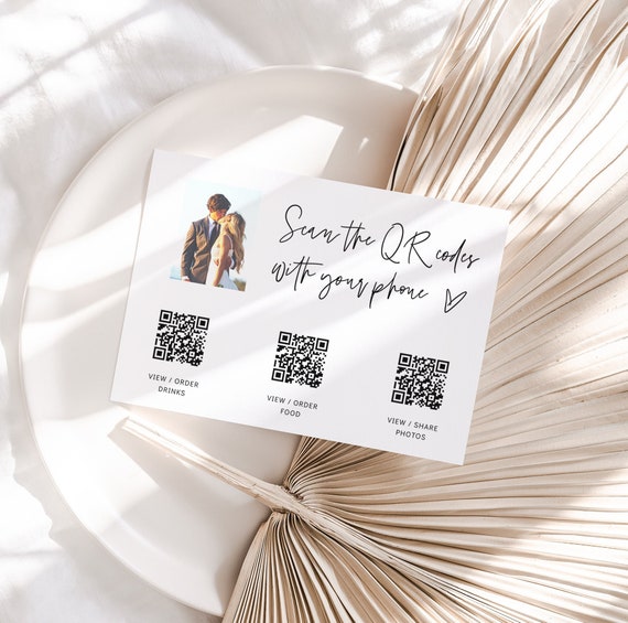 3 QR Codes, QR Wedding Signs, Printable QR Code Signs, Scan for Bar, Menu and Photos, Corjl Template, Free Demo | 88