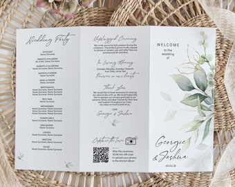 Z fold Trifold Printable Wedding Program, Greenery Wedding Program Template, Corjl FREE Demo | 80G