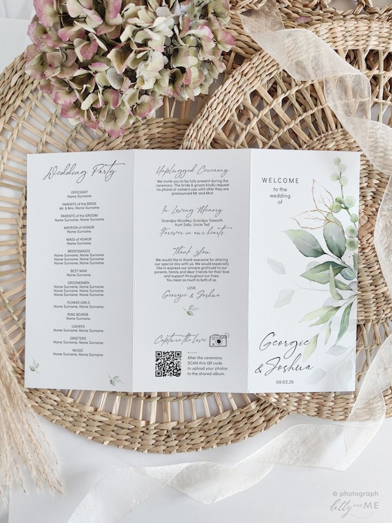 Z fold Trifold Printable Wedding Program, Greenery Wedding Program Template, Corjl FREE Demo | 80G