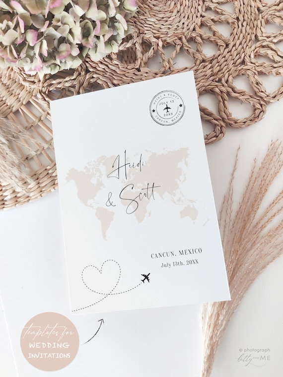 Travel Inspired Folded Invitations, Folded Invitation Templates, Destination Wedding Invitations, Canva Templates | Destination World