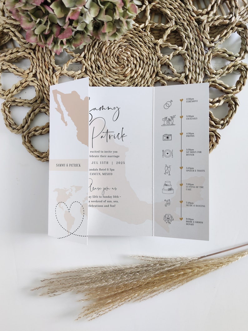 Destination - Mexico Wedding Invitations, Folded Gatefold Invitation Templates, Destination Wedding Invitations, Canva Templates image 3