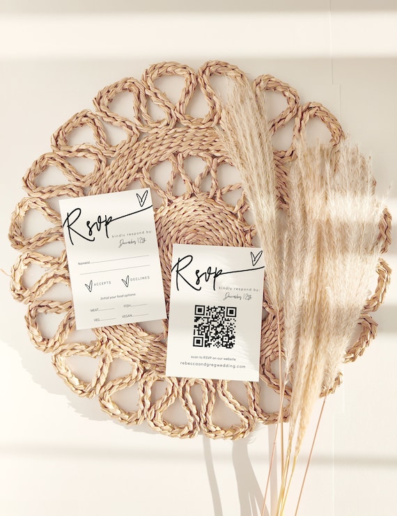 QR Code Rsvp Card, Wedding Rsvp QR Code, Scan to Rsvp Online, Front and Back, Printable Cards in 3 Sizes, Corjl Template, FREE Demo | 88