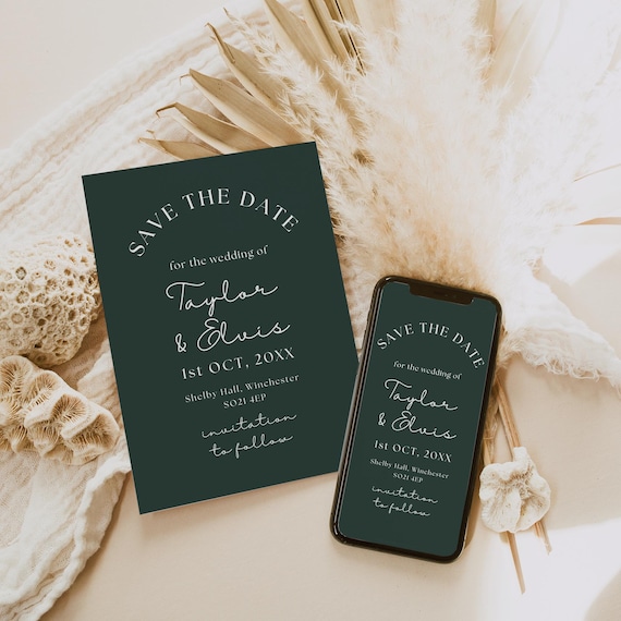 Dark Green Wedding Save the Dates, Printable and Electronic Dark Green Save the Dates, Canva Templates | 111DG