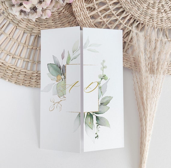 Wedding Invitations, Printable Templates for Greenery Gatefold Invitations, Eucalyptus Invitation, Canva Template | 80G