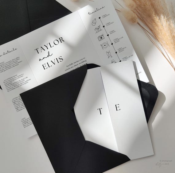Gatefold Wedding Invitations, Printable Folded Wedding Invitations, Minimalist Wedding Theme, Canva Templates | 111W