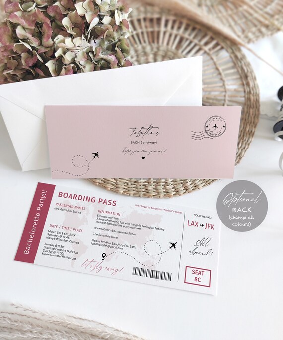 Bachelorette Party Boarding Pass Invitation, Printable Flight Ticket Invite, Easy to Edit & Print, Canva Templates | Destination World