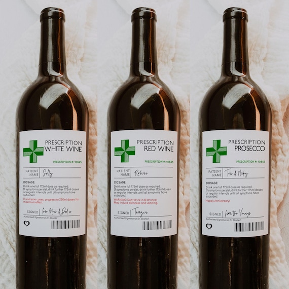 Prescription Wine Bottle Labels, Printable Funny Wine Labels, Wine Sticker Template, Editable Wine Labels, Canva Templates | 88