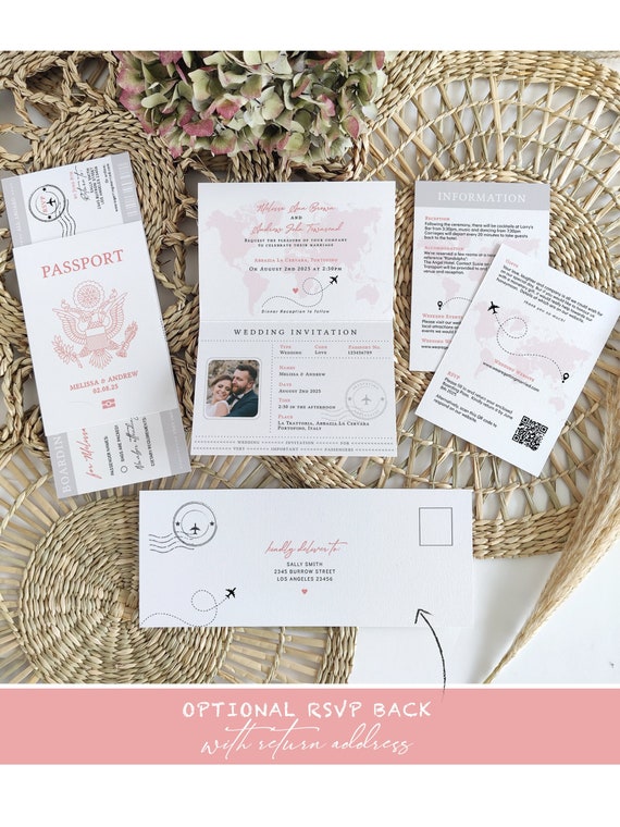 US Passport Wedding Invitation Template Suite, Plane Ticket Invitation, Printable Passport Invitation Set, Corjl Templates, FREE Demo | 08