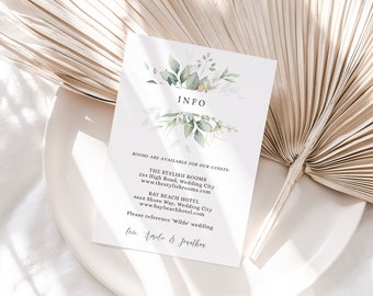 Leaf & Gold - Accommodations or Information Card, Beautiful Greenery Wedding Enclosure Cards, Printable Templates, 3 Sizes, Corjl FREE Demo