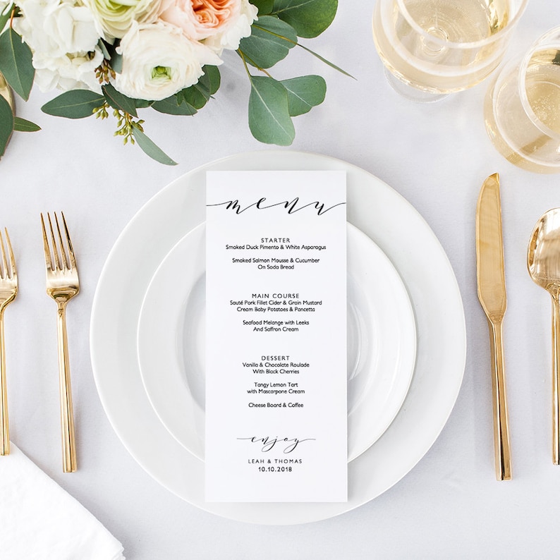 Wedding menu template, 5x7, 4x9 and 8x10 menu. Printable menu card DIY templates. Edit, print, trim Wedding FREE Corjl Demo image 2