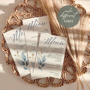 Cartões de menu imprimíveis, menus de casamento em azul-poeira, casamento em azul-poeira, modelos editáveis, modelos Canva | 80 azul-poeira
