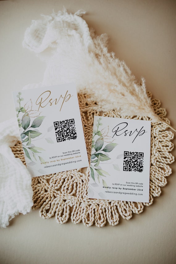 Greenery Rsvp Card with QR Code, Wedding Rsvp QR Code, Scan to Rsvp Online, Printable Cards in 5 Sizes, Canva Templates | 80G